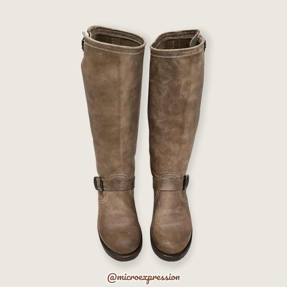 $399 Frye Veronica Slouch Tan Distressed Leather Engineer Moto Tall Buckle Boot - Picture 12 of 16